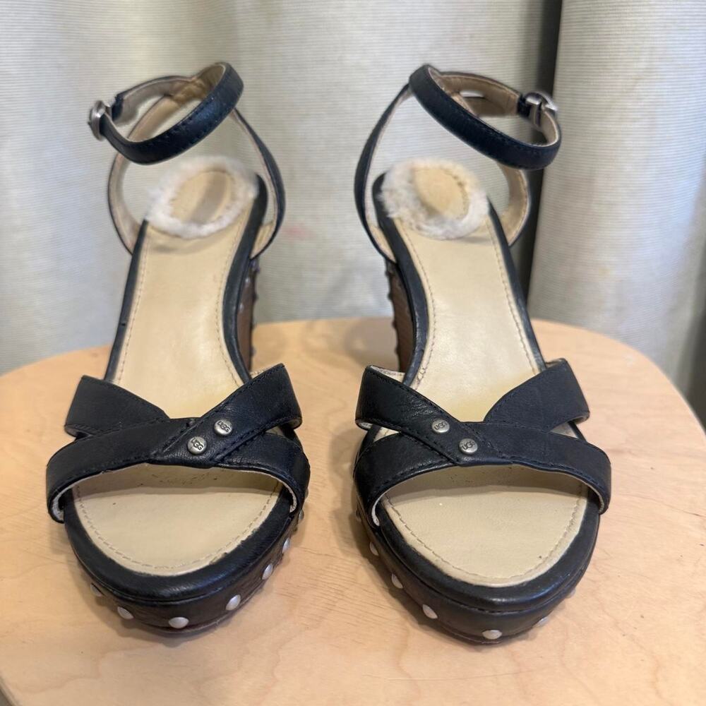 Ugg Australia black leather wedge platform sandals studded on heels size 5 women